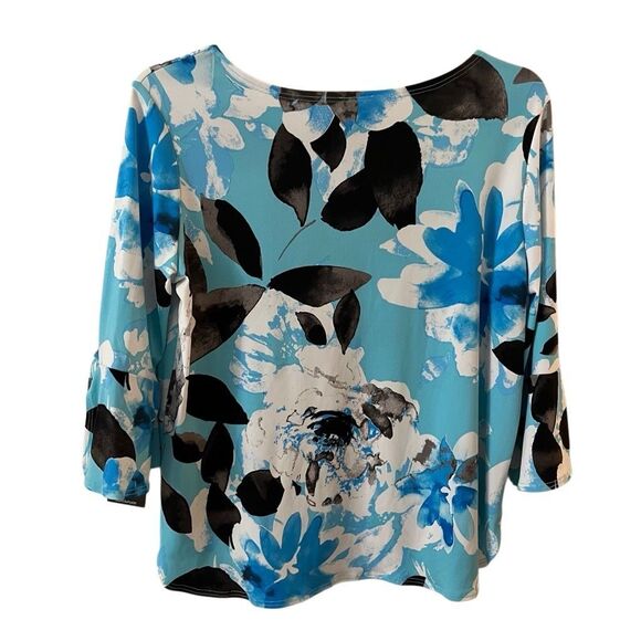 Clara Sunwoo Floral Print Tie Cuff Top Vibrant Blue Lightweight Sz Medium NWT - Picture 12 of 16